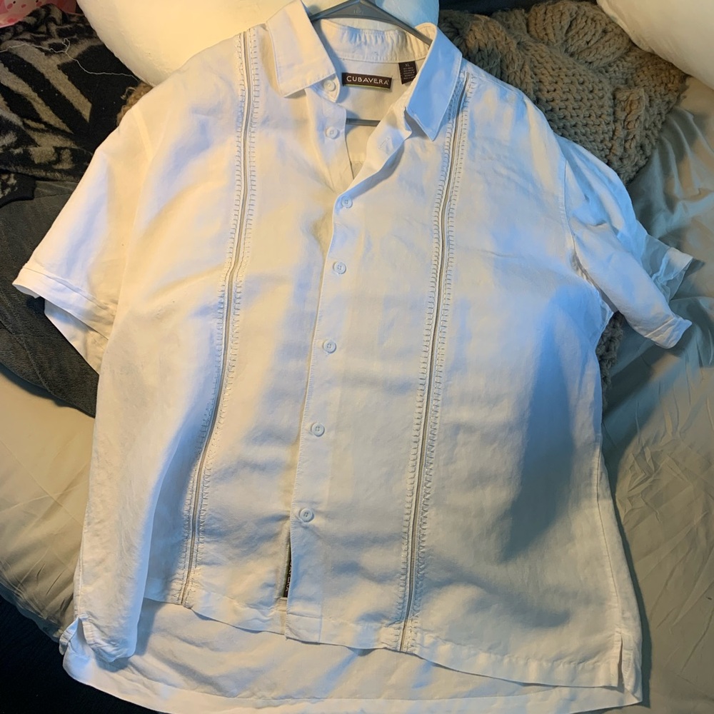 White Cubavera shirt. Some small blue marks on right side front